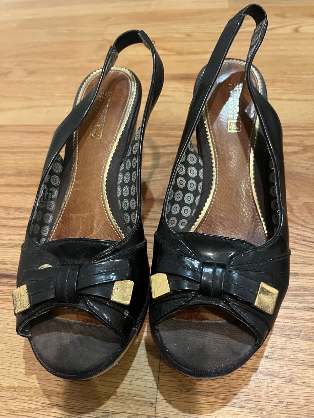 Sperry Black Open-Toe Slingback Heels with Gold Accents